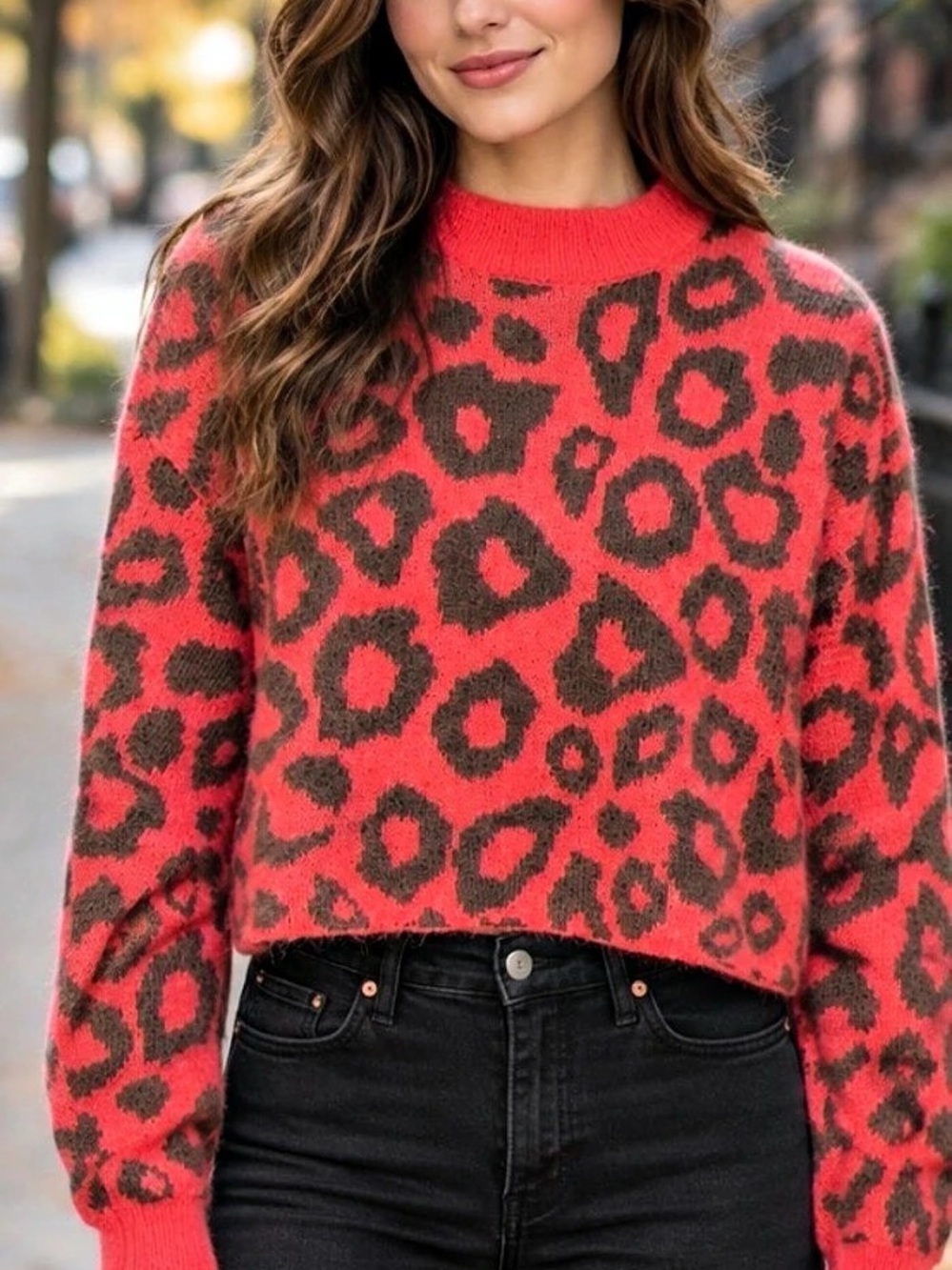 Aritzia Tna Mohair Blend Leopard Cropped Sweater Pink/Coral S